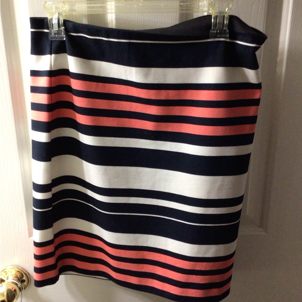 Cute striped skirt, blue, peach and white stripes.